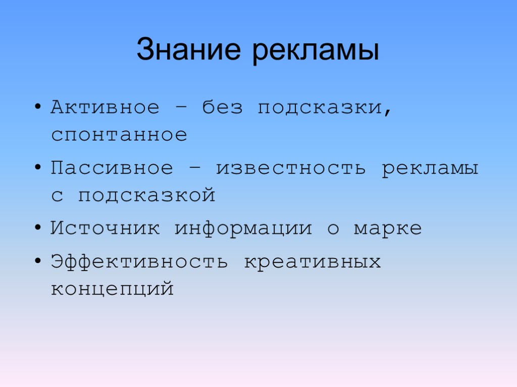 Знание рекламы Активное – без подсказки, спонтанное Пассивное – известность рекламы с подсказкой Источник